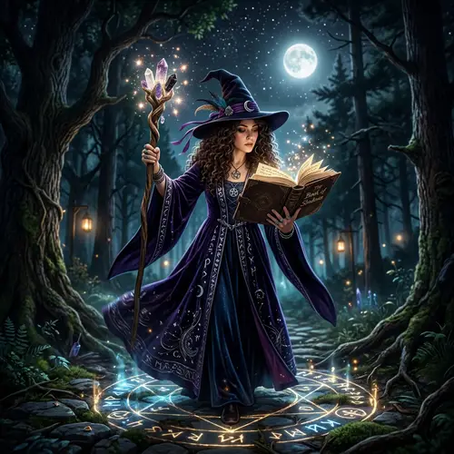 Curly-Haired Witch Casting Spell in Dark Forest