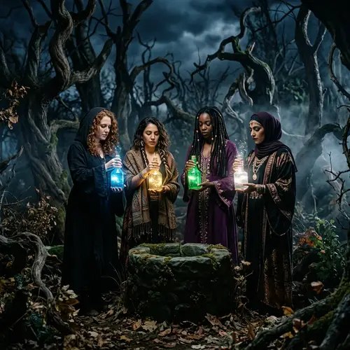 Enchanting Scene of Four Witches with Magic Water Bottles