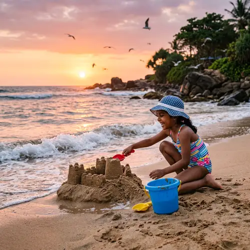 Young South Asian Girl Building Sandcastle at Beach