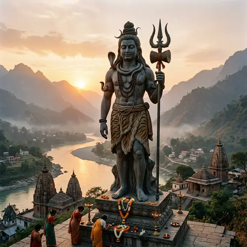 Statue of Mahadev overlooking serene hillside scenery