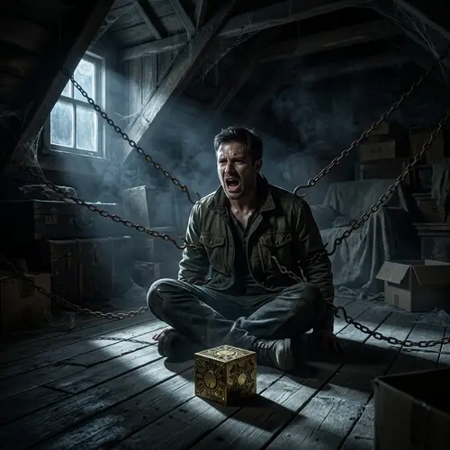 Nighttime 3D UHD Photo-Realistic Rendering of Brass Puzzle Box and Chained Man in Moonlit Attic