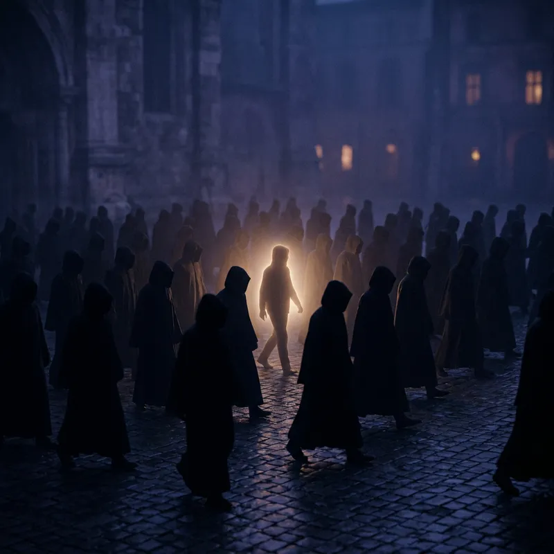 Enigmatic Dark Human Figures with a Glimmer of Light Enigmatic Dark Human Figures with a Glimmer of Light