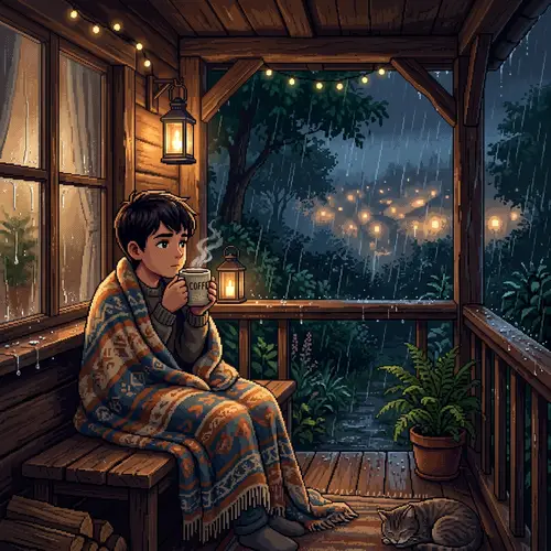 Cozy Pixel Art of a Boy Enjoying Rainy Day Coffee