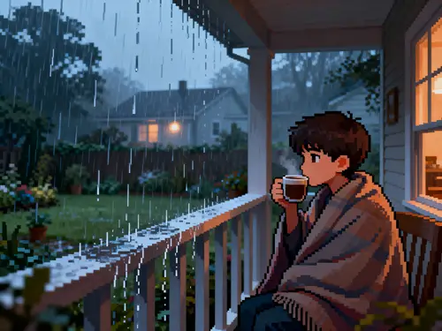 Cozy Pixel Art of a Boy Enjoying Rainy Day Coffee
