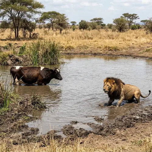 Lion Can't Reach Cow in Pond