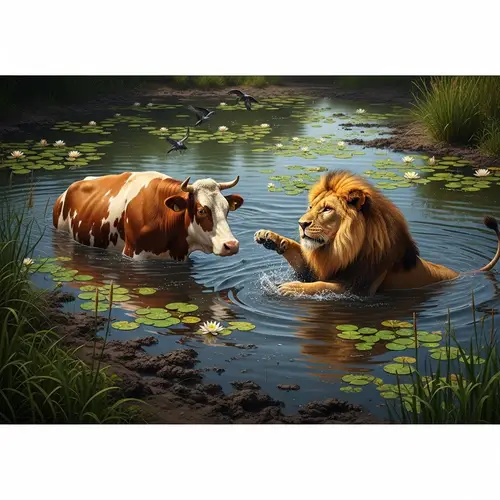 Lion Can't Reach Cow in Pond