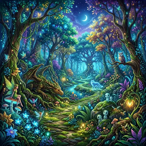Enchanting Mystical Forest Filled with Hidden Creatures
