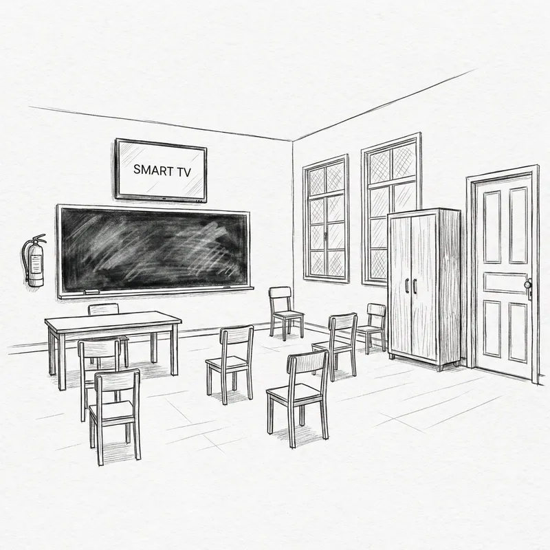 Classroom Sketch: Simple Black and White Scene with SMART TV