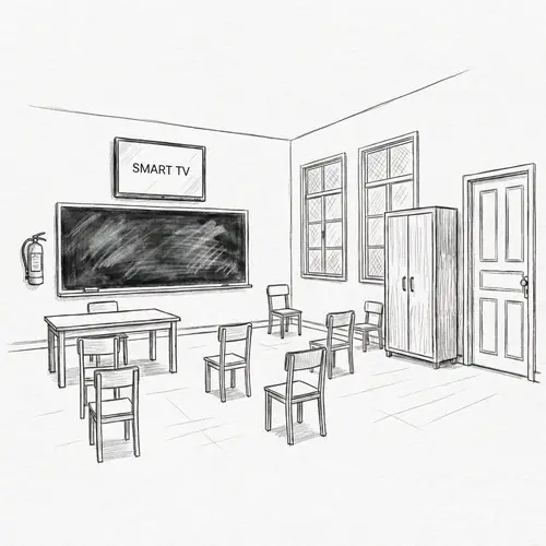 Classroom Sketch: Windowed Classroom Scene with Blackboard and SMART TV