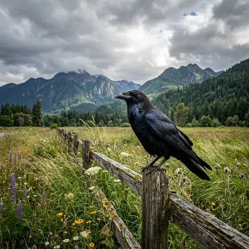 Black Raven on Old Wooden Fence under Cloudy Sky