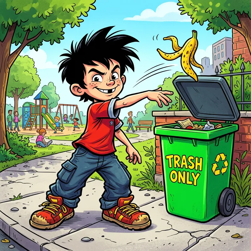 Mischievous Boy Tossing Banana Peel | Fun Cartoon Illustration