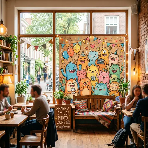 Cozy Coffee Shop with Cartoon Characters Photo Zone