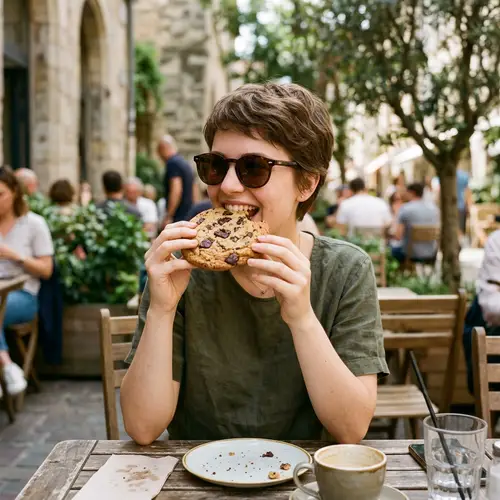 Girl with Sunglasses Enjoying a Chocolate Cookie
