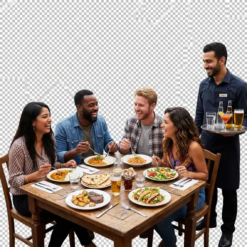 Diverse Group of Friends Enjoying Meal in Lively Restaurant Atmosphere