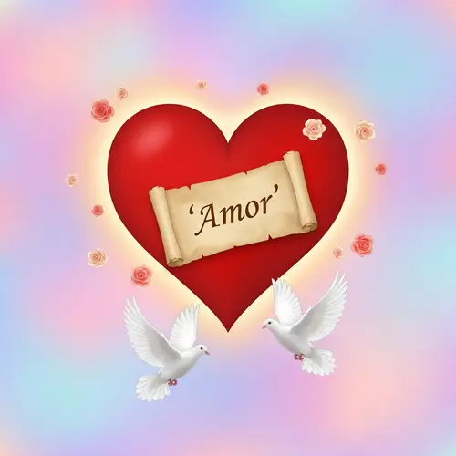 Symbolic Representation of Love with Red Heart, Roses, Doves, and Amor Scroll