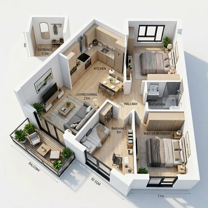 3D Realistic Floor Plan for 50sqm Apartment