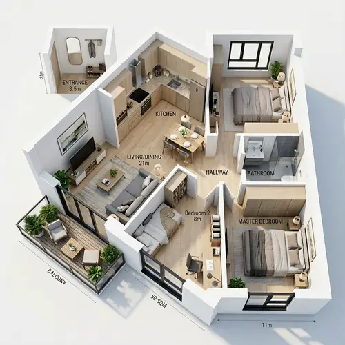 3D Realistic Floor Plan for 50sqm Apartment