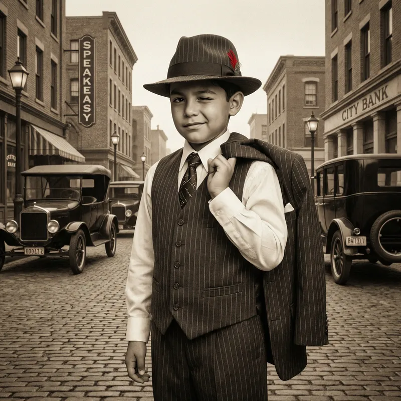 Charming Young Hispanic Boy Portraying a 1920s Gangster