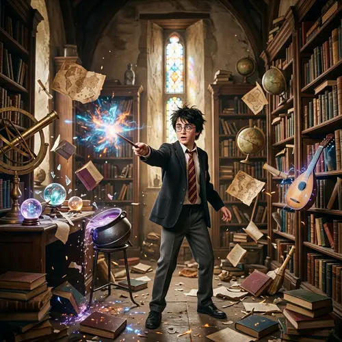 Young Wizard Destroying Whimsical Room with Magical Objects
