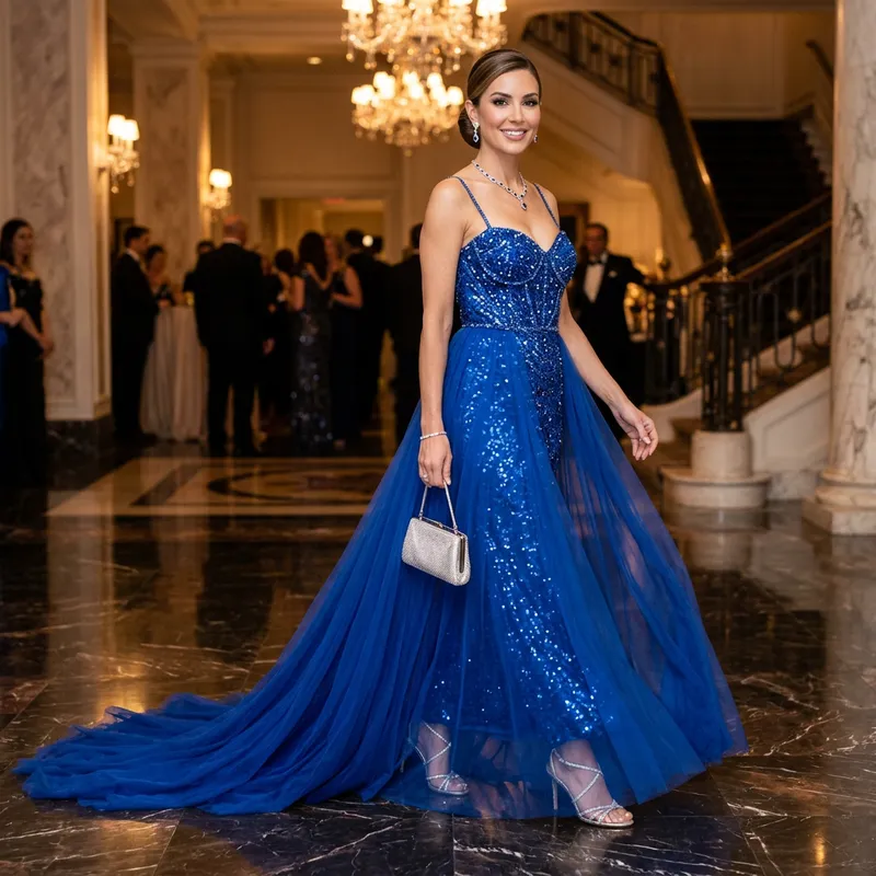 Glamorous Sapphire Blue Evening Gown | Sequined Dress