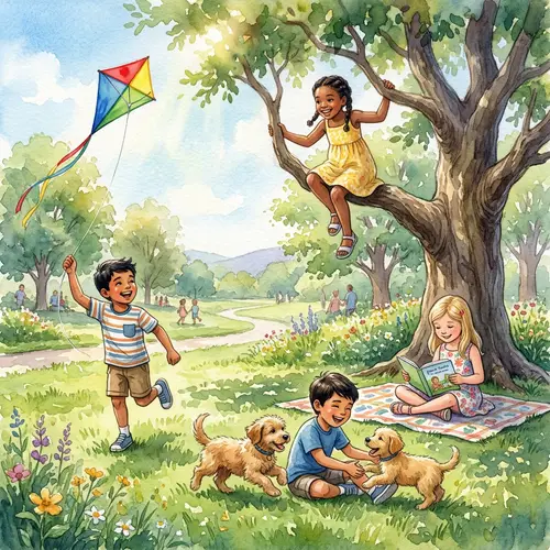 Childhood Memories Watercolor Painting | Joyful Kids in Park