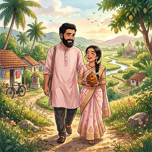 Ghibli Style Illustration: Indian Couple with Coconut