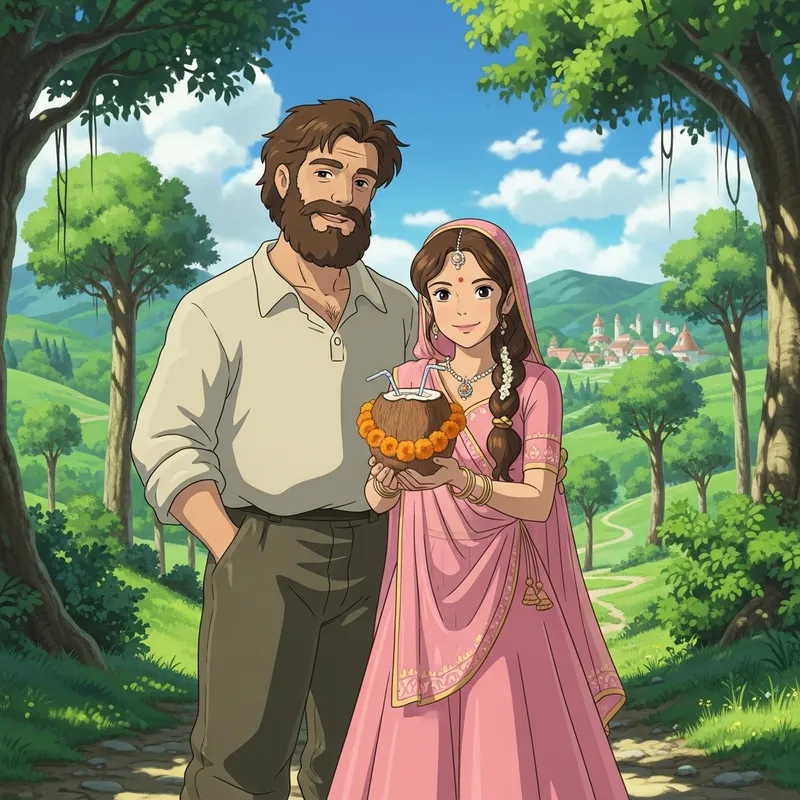 Ghibli Style Illustration: Indian Couple with Coconut