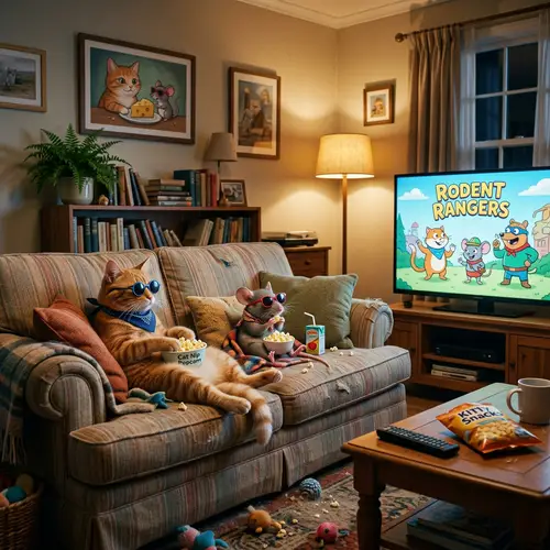 Funny Cat and Mouse Watching TV in Sunglasses