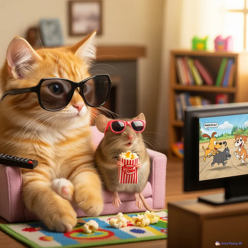 Funny Cat and Mouse Watching TV in Sunglasses