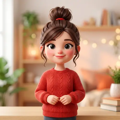 3D Emoji Girl with Tied-Up Hair in Red Sweater