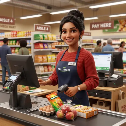 3D Cashier Woman in Red Sweater - South Asian Ethnicity