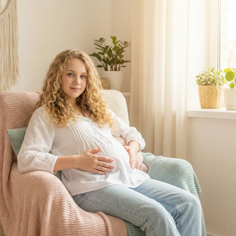 Pregnant Teenager with Curly Blond Hair | Serene Motherhood