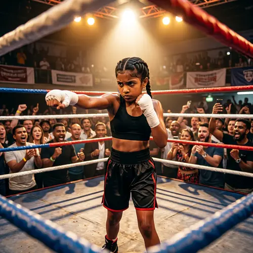 Athletic South Asian Girl in Boxing Ring: Preparing for Match