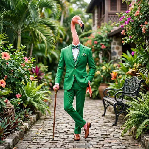 Flamingo in a Vivid Green Suit - Stylish Wildlife