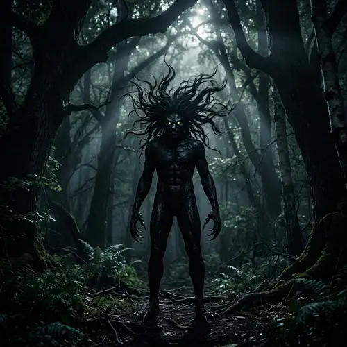 Mystical Creature in Eerie Night Woods - Enigmatic Scene