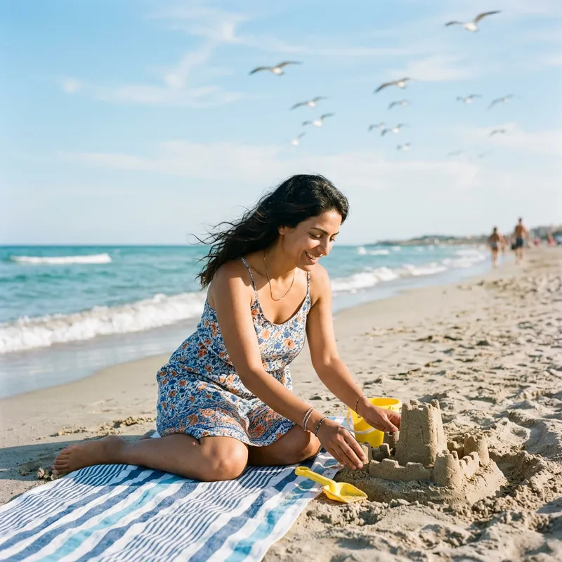 Tranquil Day at the Beach with a Woman Enjoying the Serene Backdrop
