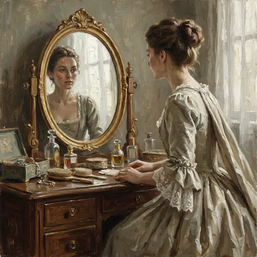 Woman Preparing in Front of Mirror | Oil Painting