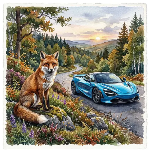 Reddish-Brown Fox and Vivid Sports Car: Untamed Elegance