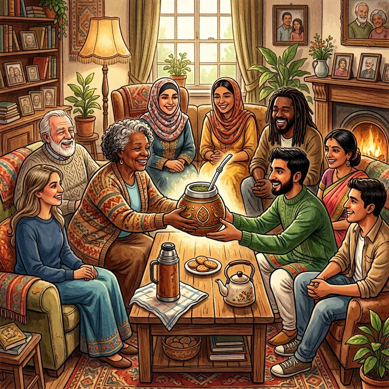 Vibrant Illustration of Diverse Group Sharing Yerba Mate at Grandparent's Home