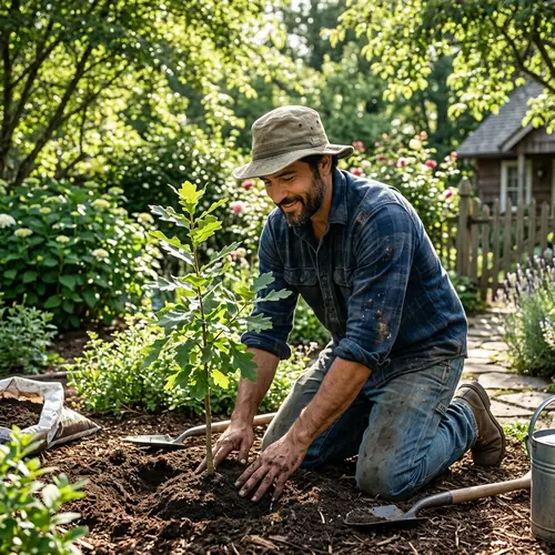 Tall Hispanic Man Planting Tree in Scenic Garden