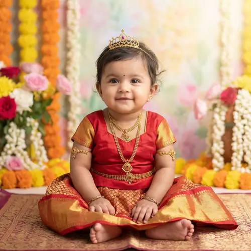 Charming South Asian Infant Girl in Goddess Mata Laxmi Attire