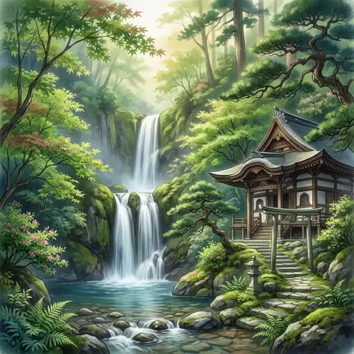 Tranquil Waterfall and Temple in Nature's Embrace