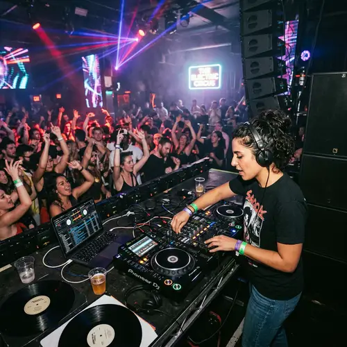 Dynamic Nightclub Scene with Middle-Eastern Female DJ and Diverse Crowd