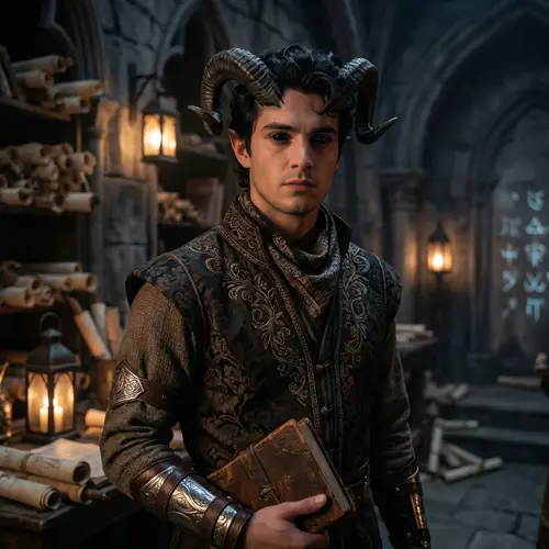 Fantasy Tiefling Man | Stylized Cultural Attire & Black Eyes