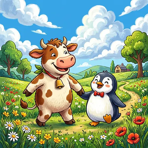Whimsical Cow and Penguin Friendship Illustration