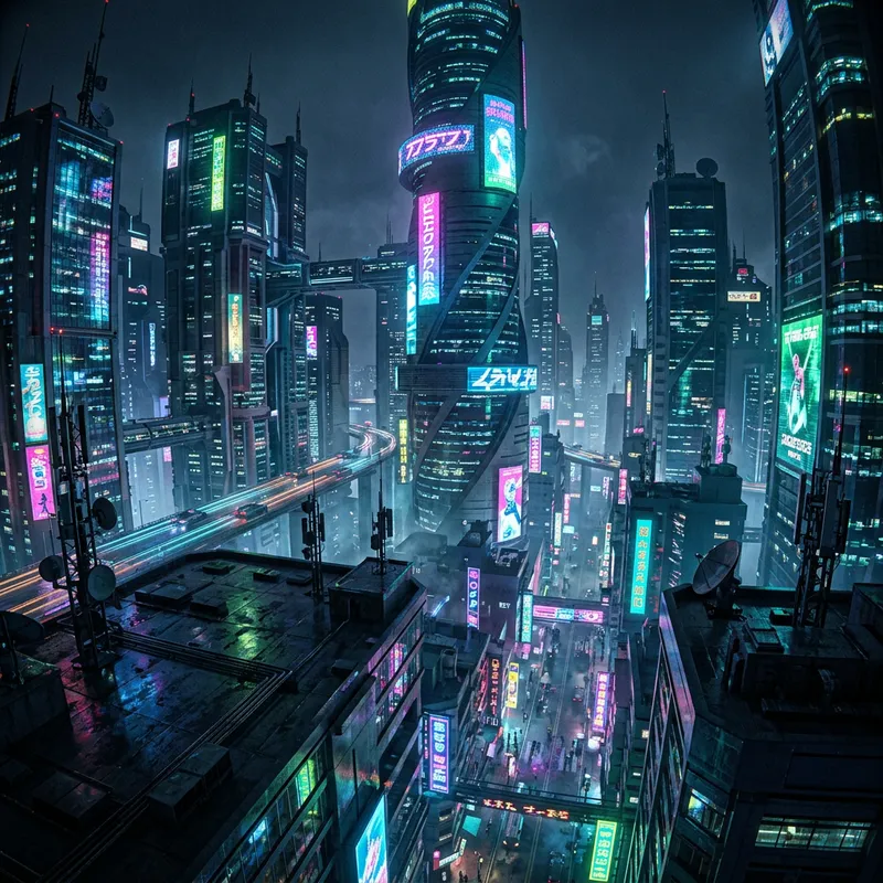 Neon-lit Cyberpunk Cityscape at Night