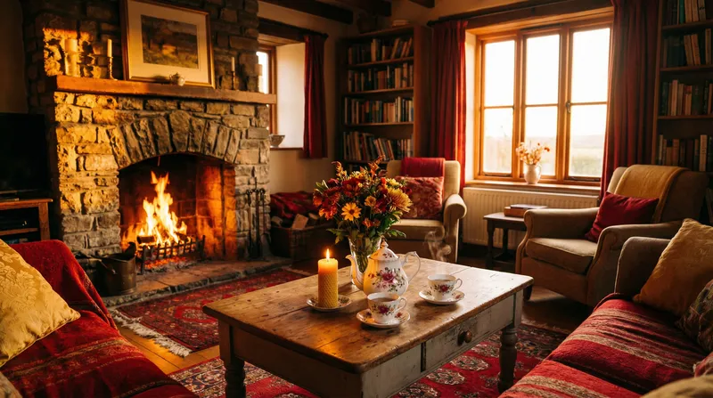 Cozy Candlelit Room with Fireplace and Tea Cozy Candlelit Room with Fireplace and Tea