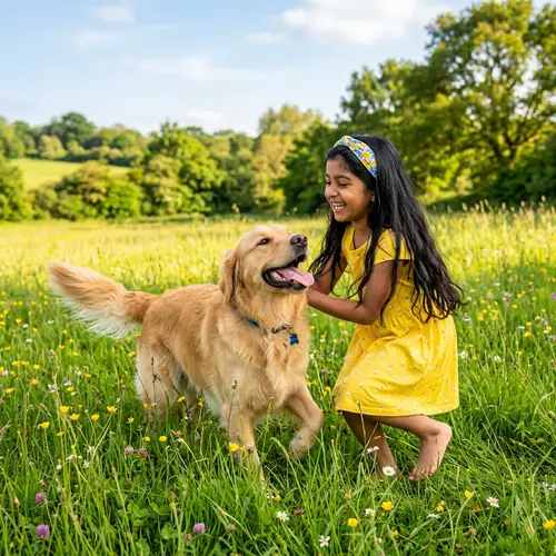South Asian Girl Playing with Golden Retriever in Green Field