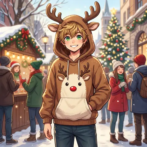 Anime Boy with Dark Blonde Hair in Reindeer Hoodie