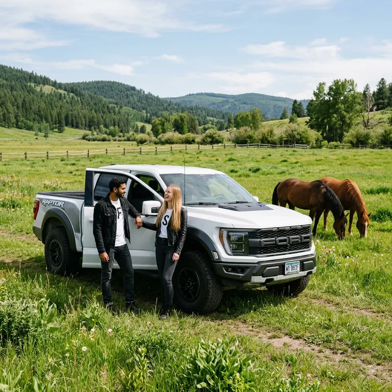 White Ford Raptor Truck with Couple & Horses in Natural Field Scene White Ford Raptor Truck with Couple & Horses in Natural Field Scene